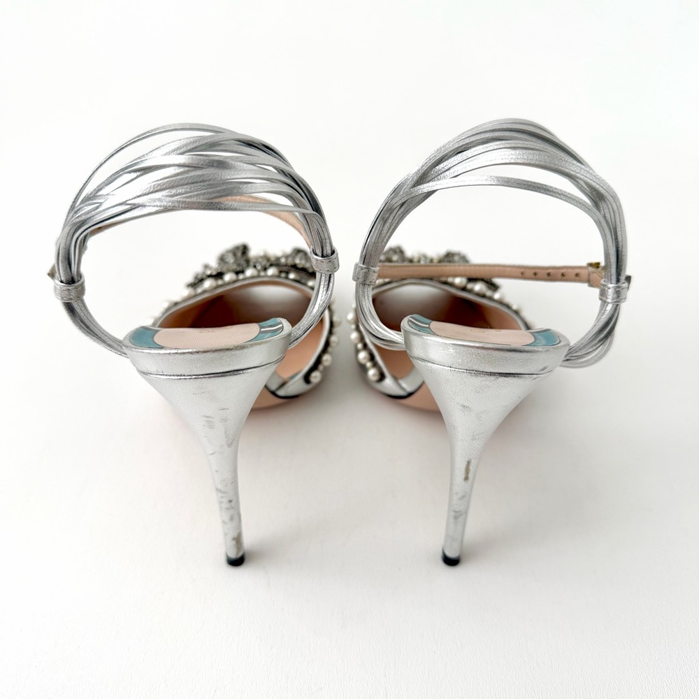 GUCCI || Allie Bow Metallic Pearl Crystal Sandals Silver Strap Heels  EU 36.5 - Picture 11 of 15
